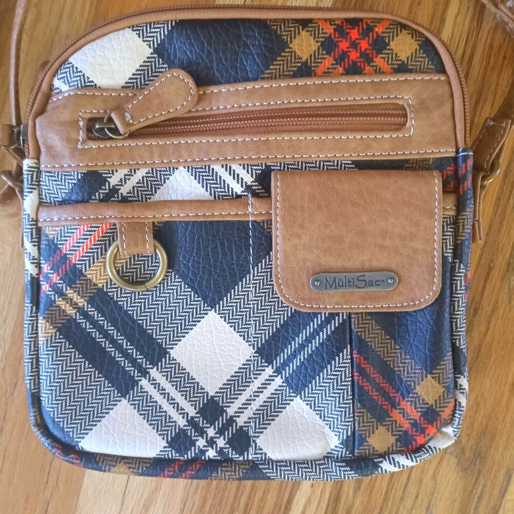 MultiSac Tweed Crossbody Bag Plaid Multi-Pocket Travel Shoulder Purse - Picture 2 of 8